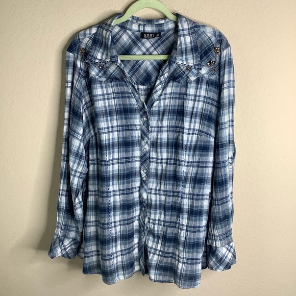 a.n.a. A NEW APPROACH LS/ROLL TAB BLU/WHT SHIRT 3X - Picture 2 of 8